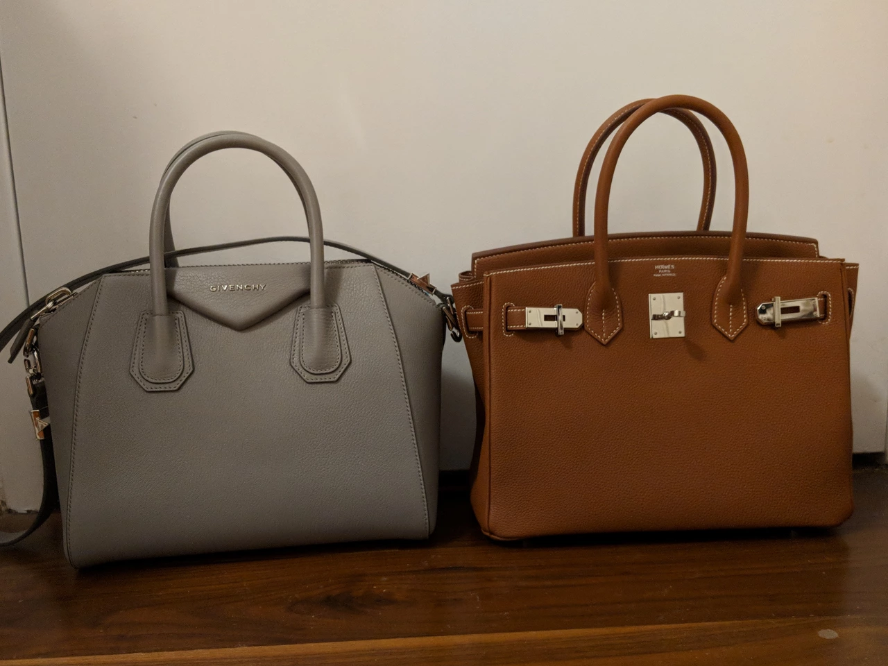 Side by Side of my Birkin replica bag with my Givenchy Antigona bag.